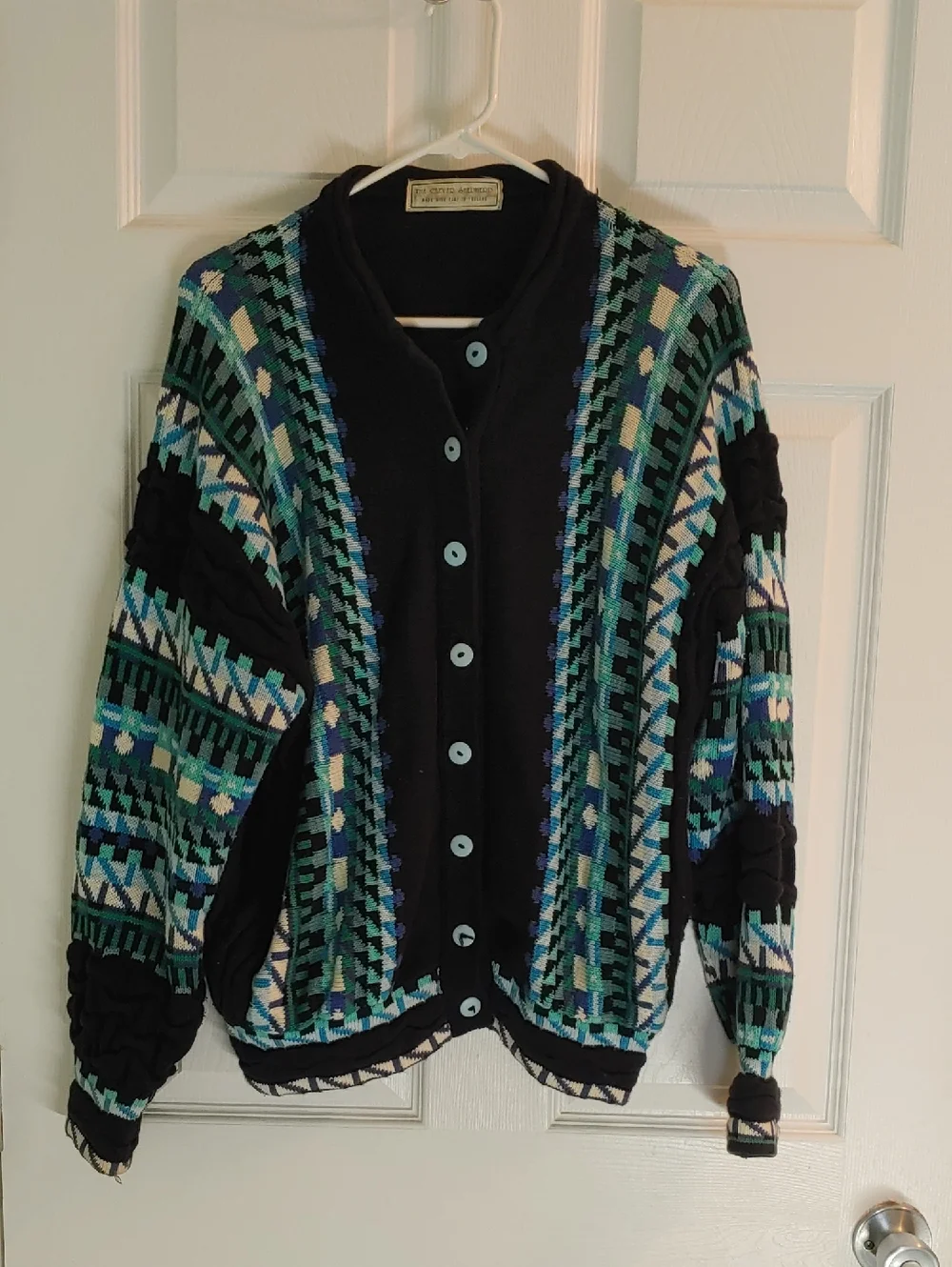Vintage The Clever Shepherd Cotton Cardigan Black Geometric Unisex Size XXL - Picture 1 of 8